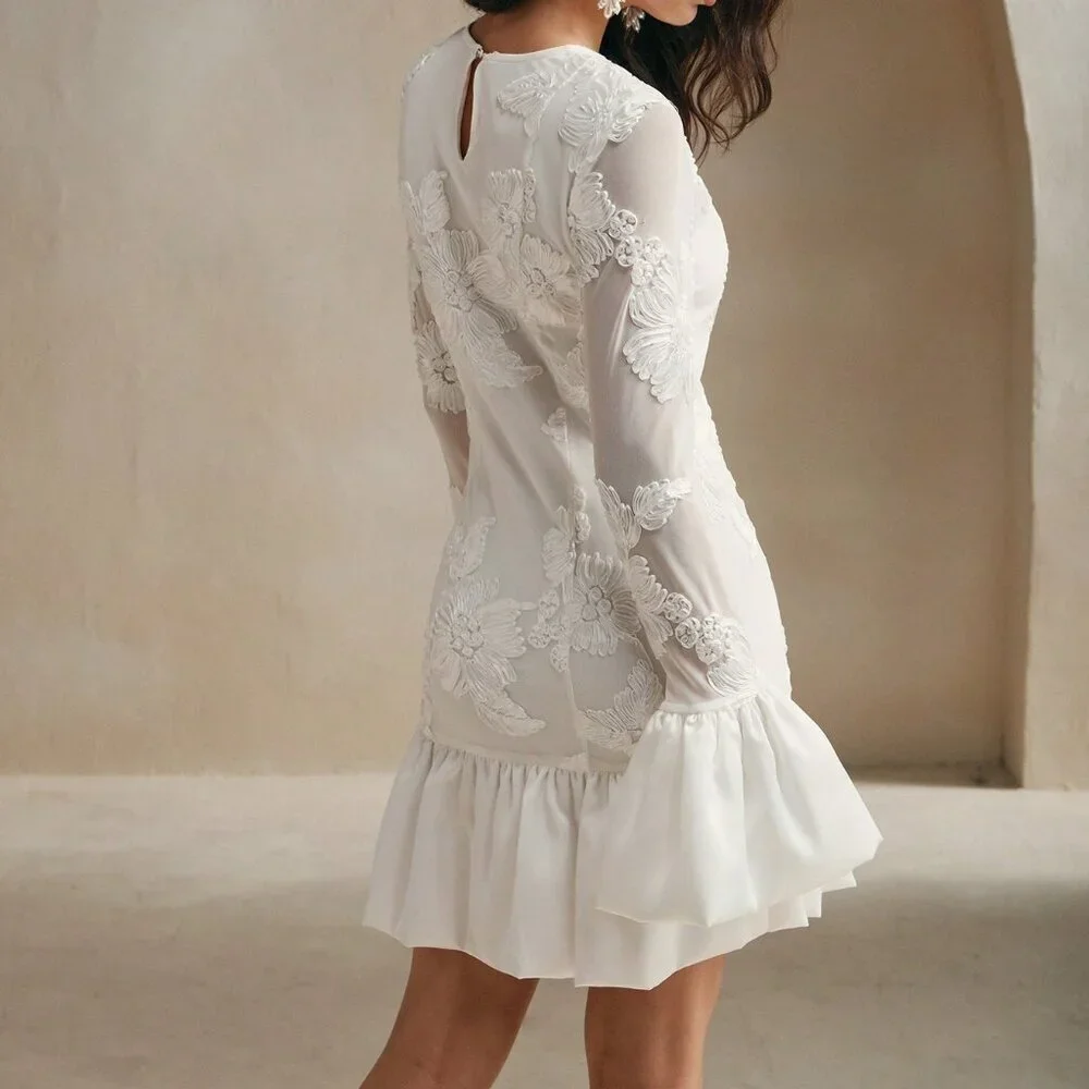 White Elegant Women's French Embroidered Fitted Floral Midi Dress - Picture 3 of 7